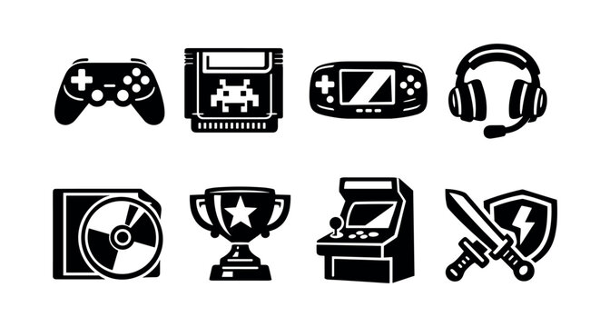 Set of retro gaming icons, video game elements, black and white silhouette vector illustrations