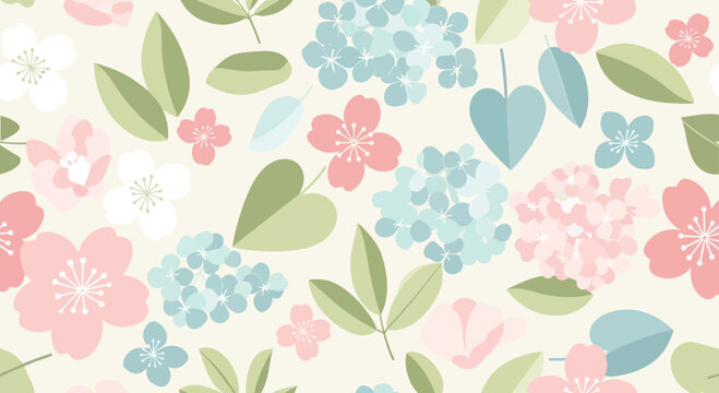 Soft Pastel Floral Pattern with Hydrangeas and Cherry Blossoms.