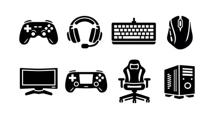 Gaming equipment icons including headset gamepad keyboard and chair silhouette vector set © UnIcons