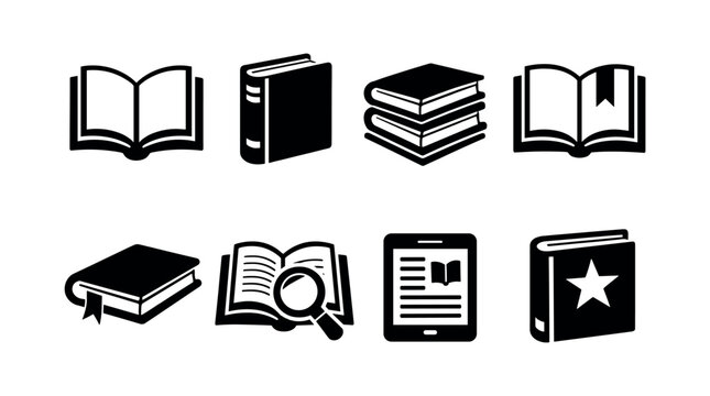 Set of educational book icons including open books e-reader magnifying glass silhouette vector illustrations