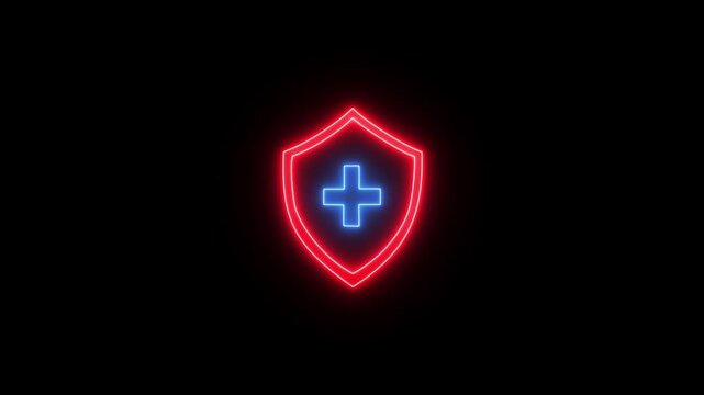 Glowing neon health shield symbol animation on a black background. health shield neon animated protective shield lock barrier health guard bacteria icon logo emblem.