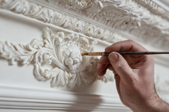 A middle-aged man with fair skin uses a small brush to carefully paint gold accents onto white floral stucco molding during a home renovation project.