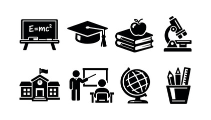 Educational vector icons illustration blackboard microscope books globe school silhouette © UnIcons
