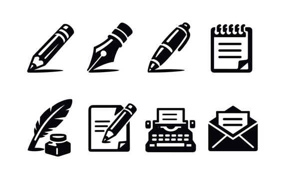 Writing tools and stationery icons set, pen, pencil, notepad, feather, and typewriter in black and white vector silhouette