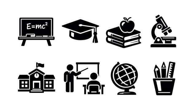 Educational vector icons illustration blackboard microscope books globe school silhouette