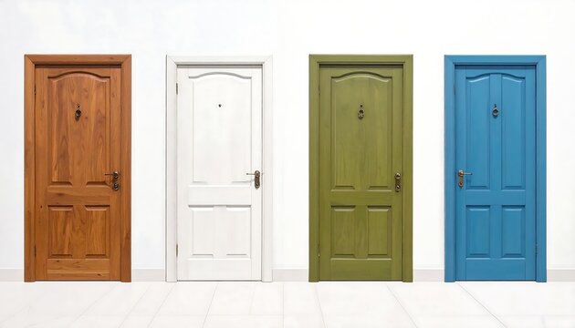 A row of four closed doors in different colors on a white wall