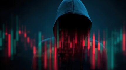 An anonymous young adult male hacker in a blue hoodie stands before a digital overlay of red and green financial stock market candlestick charts.