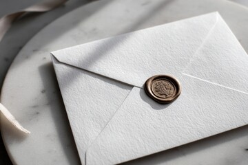 Elegant white textured envelope is sealed with a bronze wax stamp featuring a floral motif. It rests on a marble tray with soft sunlight and shadows.