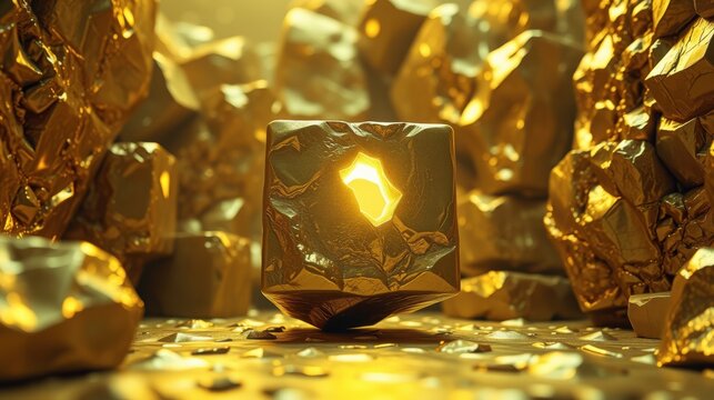 Golden cube amidst fractured gold rocks. Light reflects, creating dramatic illumination. Rich textures suggest precious material, luxury.