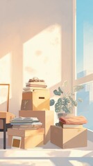 Fototapeta premium Cardboard boxes and stacks of books sit in a bright apartment during a move. Warm sunlight streams through a window onto a green monstera plant.
