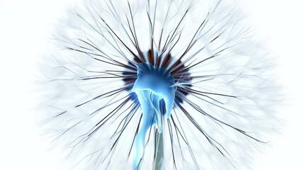 Naklejka premium Dandelion seed head, delicate structure, soft white plumes radiating outward. Blue tint present, simple background, closeup view.