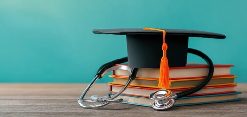 Fototapeta premium The Graduation Cap and Stethoscope on Medical Books Representing Healthcare Education and Success