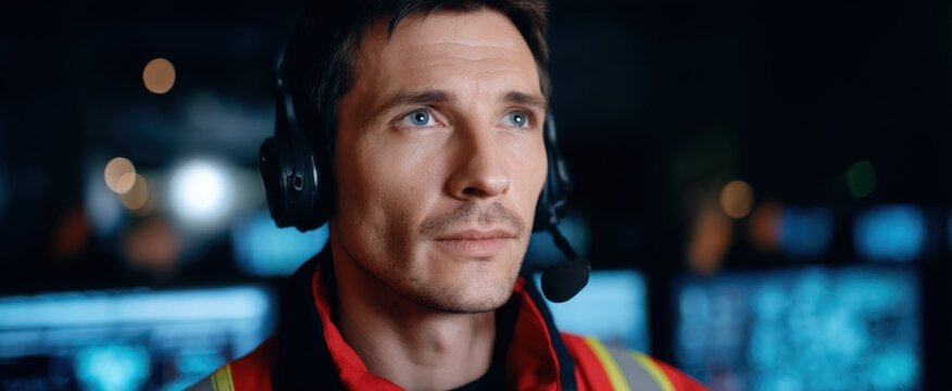 emergency management firefighter leads rescue operations using advanced AI technology in 911 dispatch center