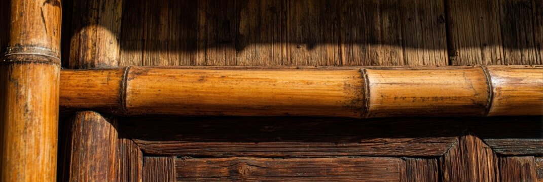 自然光の下での木造建築物の竹のディテール