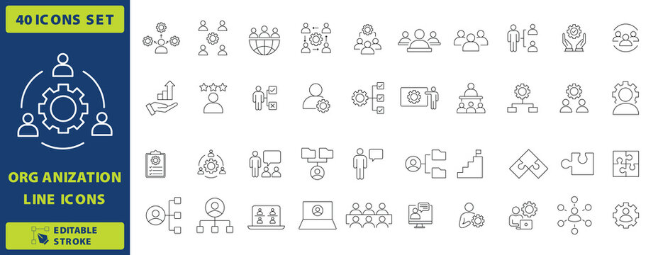 Organization line icons set, 40 business management and teamwork vector symbols, corporate structure and human resources outline icons