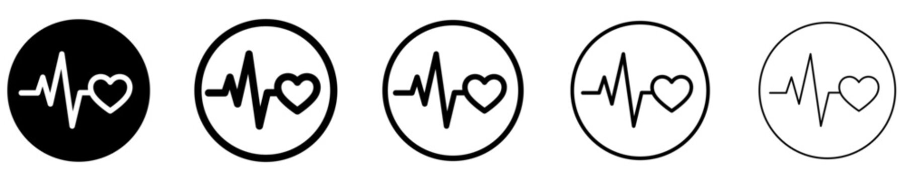 A set of round heartbeat and pulse icons with different stroke weights. Medical electrocardiogram symbol for heart health monitoring and cardiology. Vector illustration.