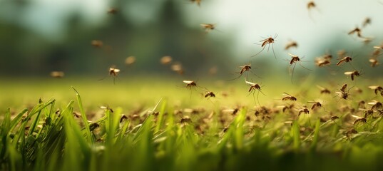 Naklejka premium A large swarm of mosquitoes flies over vibrant green grass in a field during sunset. The macro view highlights the insects hovering in nature.