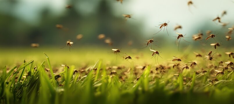 A large swarm of mosquitoes flies over vibrant green grass in a field during sunset. The macro view highlights the insects hovering in nature.