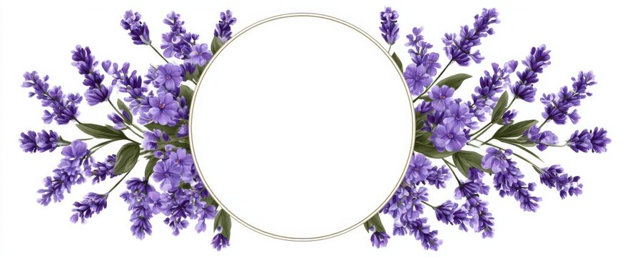 Charming circular decorative frame with lavender blooms on white ideal for anniversaries and bridal showers.