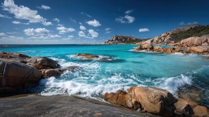 Fototapeta premium Turquoise ocean waves crash against massive granite boulders on a pristine tropical beach under a bright blue sky. This coastal landscape is serene.
