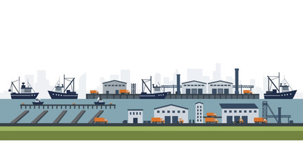 Fototapeta premium Industrial port with cargo ships and factories along the waterfront.