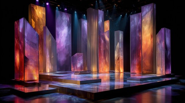 Vibrant Stage Design with Abstract Vertical Panels and Reflective Platform.