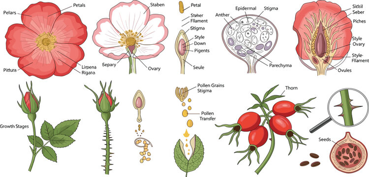 Rose Flower Anatomy and Growth Stages Vector Set Featuring Labeled Botanical Parts Pollination Process Seeds and Plant Structure Illustration
