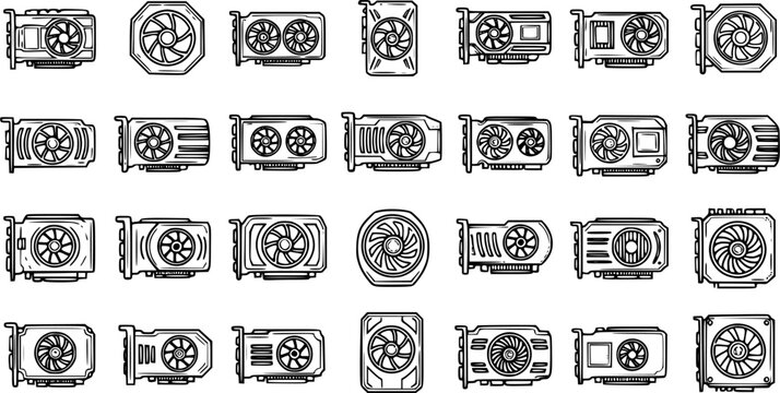 Black and White Line Art Graphics Cards Icons, Technology Vector Set