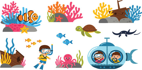 Obraz premium Underwater Adventure Cartoon Vector Set Featuring Divers Submarine Sea Animals Coral Reef and Ocean Exploration Elements Collection