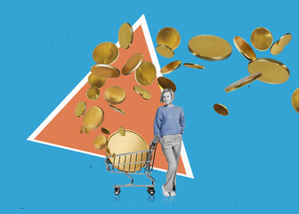 Purchases pyramid. Shopping cart with a lot coins and woman customer. Shopping concept.