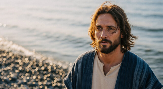 Portrait of a man resembling Jesus Christ on a pebbly shore. Biblical figure standing by the sea at golden hour. Religious and spiritual concept of authority and reflection