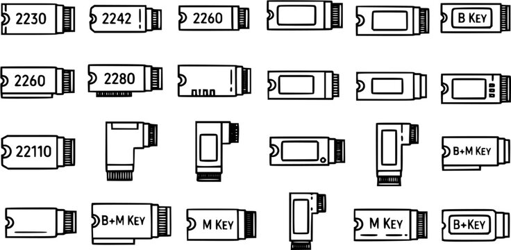 Technology Icons: Various SSD, M.2, NVMe Drive Connectors, Black and White Line Art