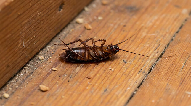 A dead cockroach lying on a rustic wooden floor, highlighting a need for pest control and cleaning