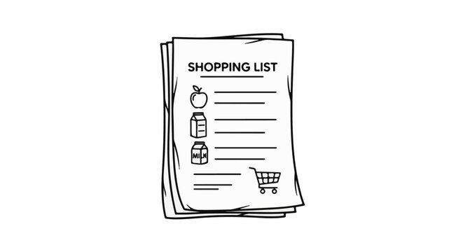 A hand-drawn black and white illustration of a shopping list with grocery items