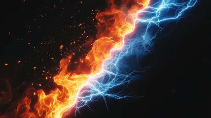 Fototapeta premium Cinematic Battle of Elements Featuring Vibrant Fire and Ice Lightning Against a Dark Background