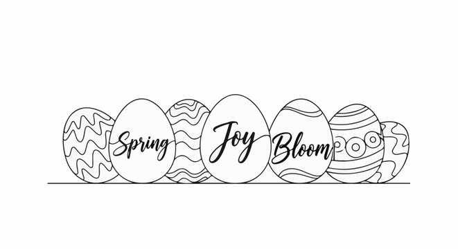 A line of decorated Easter eggs with the words "Spring" and "Joy Bloom" on them