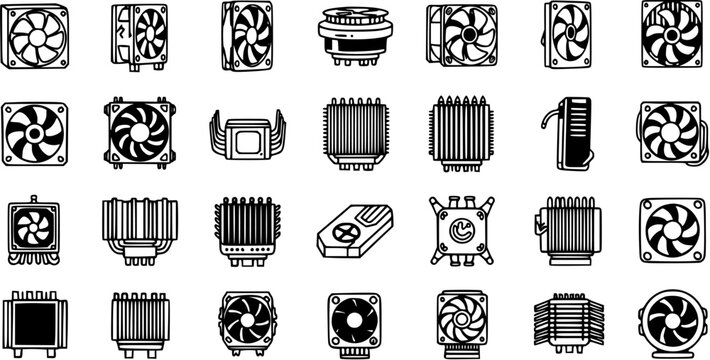 Black and White Line Art Icons of Computer PC CPU Heatsink and Fan Coolers, Technology Concept