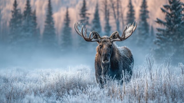 Majestic Bull Moose Covered in Frost Stands in a Snowy Winter Forest at Dawn with Soft Backlit Trees and Foggy Atmosphere