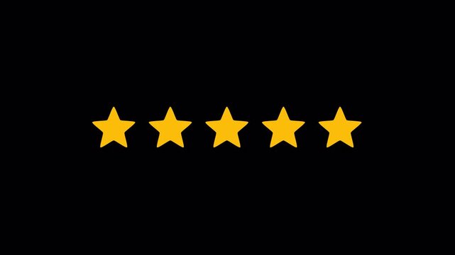 Five star rating animation with alpha channel, Star review concept, Rating stars icon animation, Glowing five star flat symbol animation, Star review concept on transparent background