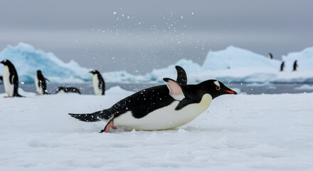 Obraz premium Adélie penguin sliding on belly on ice in Antarctica. Wildlife captured in natural habitat near glacier. Banner of cold polar environment and aquatic bird movement for nature with copy space.