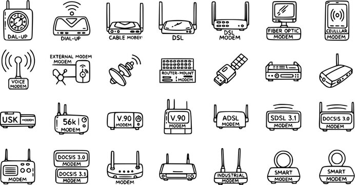 Technology Icons: Vector Line Art Collection of Modems, Routers, and Network Devices
