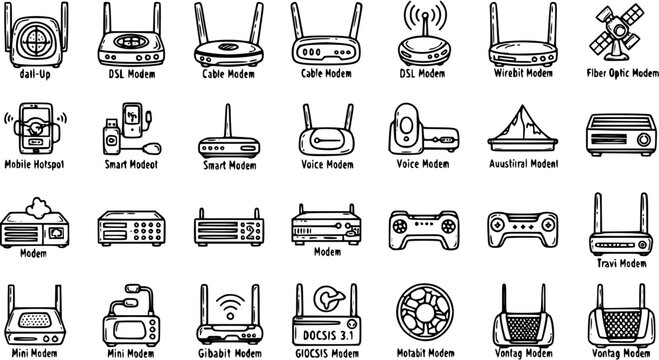 Technology Internet Networking Modems and Routers Line Art Icons Set. Various Network Hardware Devices and Internet Access Equipment Doodles