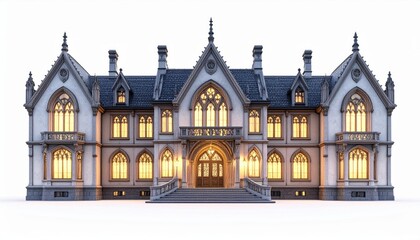 Fototapeta premium Stunning Gothic Revival mansion showcasing intricate architecture and glowing windows, exuding elegance and historical charm.