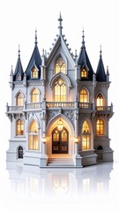 Fototapeta premium A captivating Gothic Revival mansion with glowing windows, showcasing intricate architectural design and a reflective base.