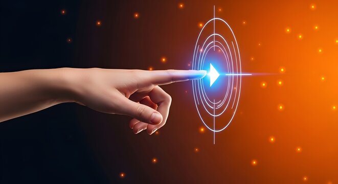 Hand pointing to glowing blue play button on orange background