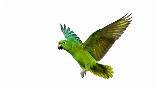Captivating image of a green parrot flying with wings spread wide against a white backdrop, showcasing its vivid plumage.