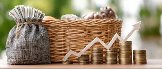 Obraz premium Basket holds fresh vegetables and fruits as steel coins stack nearby, showing rising costs in a financial setting with a chart backdrop