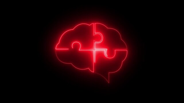 glowing neon brain puzzle icon isolated on black background. brain icon symbolizing intelligence and problem solving against. Glowing Brain Puzzle Icon and Symbol in HD Video Neon Animation.4K,,,,,...