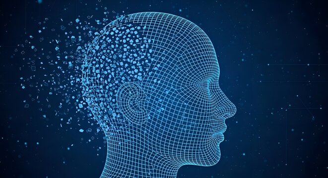 Wireframe Human Head with Digital Particles Disintegrating on Blue Background