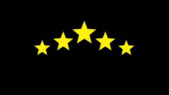 Five star rating animation with alpha channel, Star review concept, Rating stars icon animation, Glowing five star flat symbol animation, Star review concept on transparent background